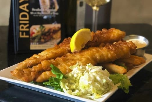 Fish and Chips special with pieces of haddock at Symposium Restaurant in Ajax Ontario