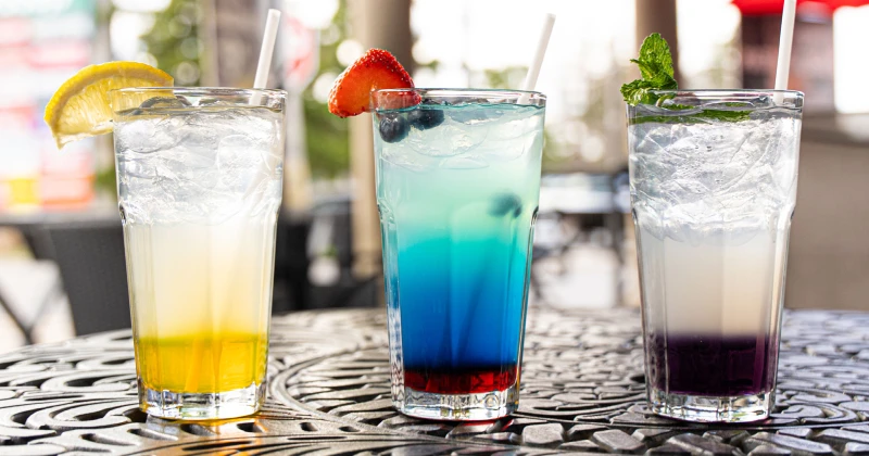 Spicy Mango Sparkler . Electric Berry Lemonade and Lavander Min Lemonade